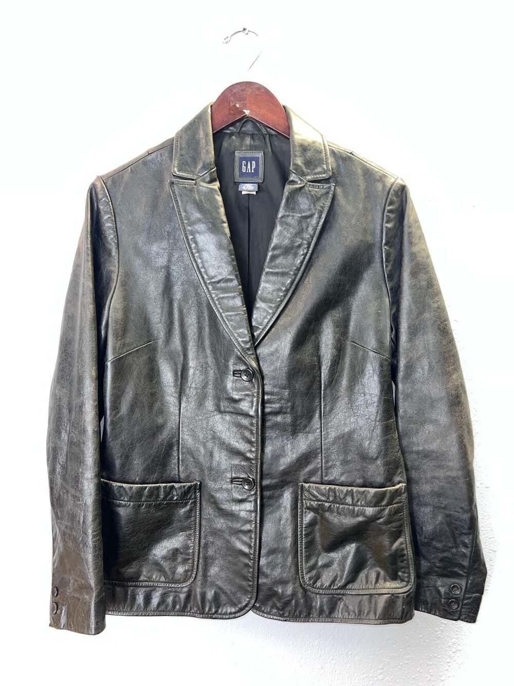 Vintage 90s GAP Leather Blazer Jacket Womens Medium Black Two Button Coat Y2K